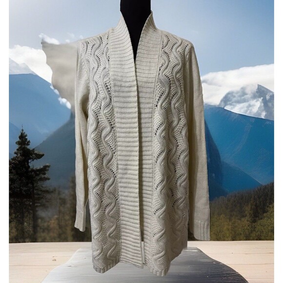 EUC Cream Open Front Laura Scott Sweater Cardigan W Metallic Gold Thread 1X - Picture 1 of 4